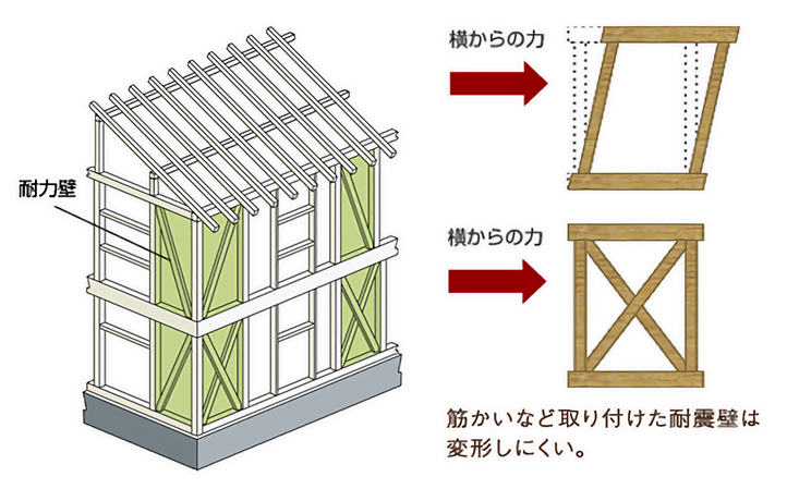 耐震性を発揮する耐力壁と土台の耐久性を維持する「緑の柱」。